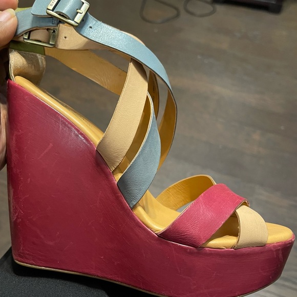 Kork-Ease Wedge Strappy Platform Sandals Tan Red Blue Leather Size 8 - Picture 2 of 5